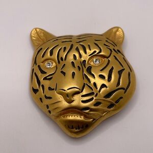 Vintage 1995 Tiger Head Belt Buckle Gold Tone Rhinestone Eyes Big Cat 3.5”